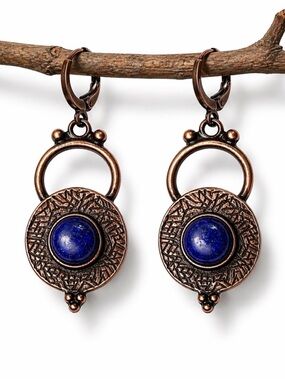 Boho Copper Lapis Look Earrings, Statement Dangle, Artisan Dangle